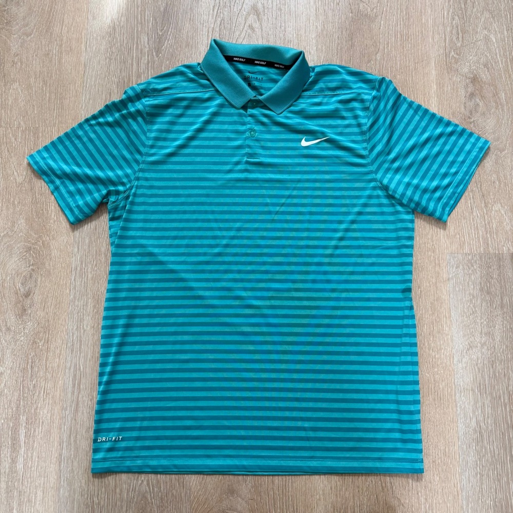 Nike Golf Dri-FIT Polo Shirt Mens Large Teal Striped Short Sleeve Performance